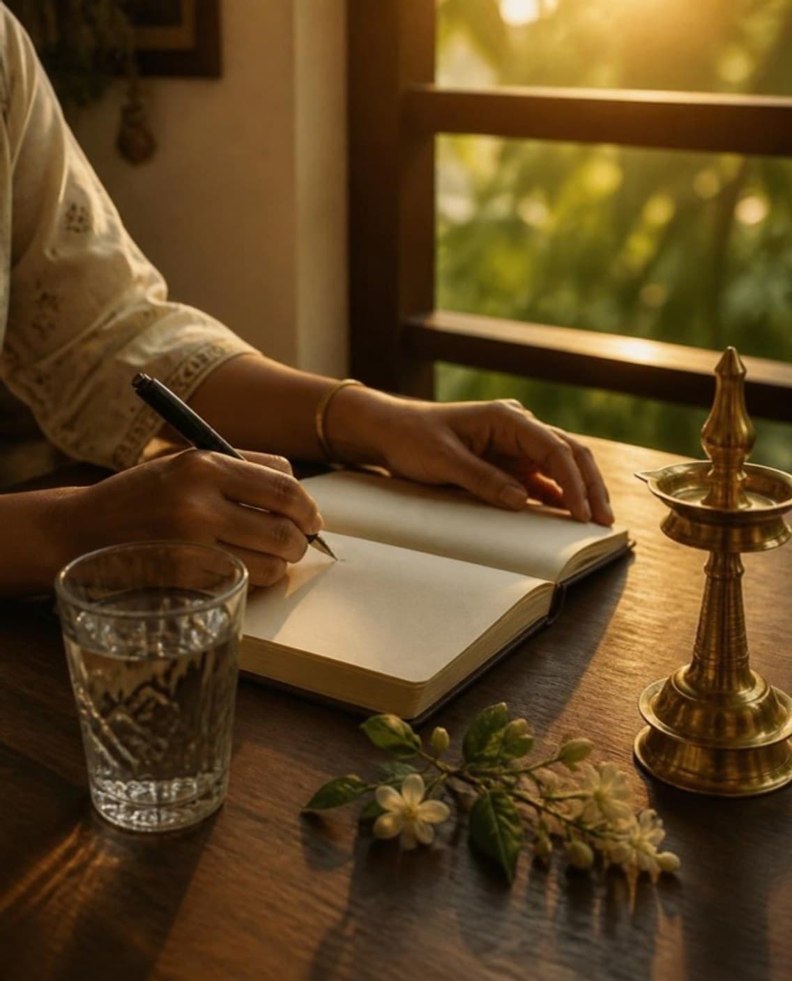 Hands writing in a journal beside a brass lamp at sunrise