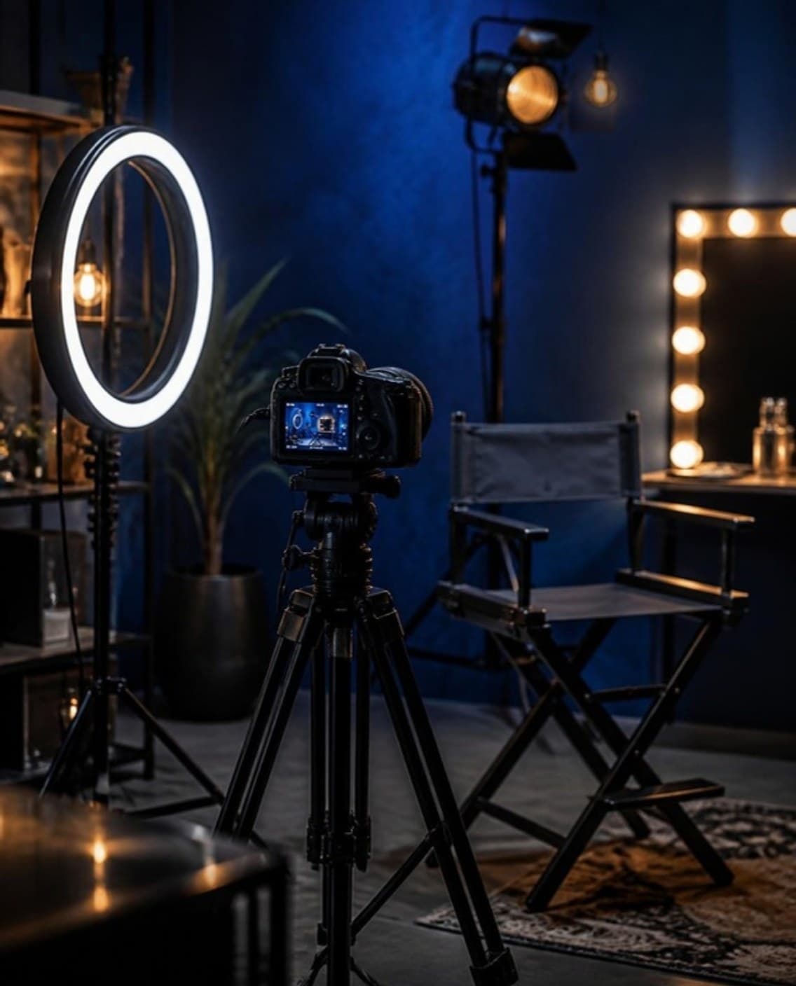 A camera and ring light in a cobalt blue studio